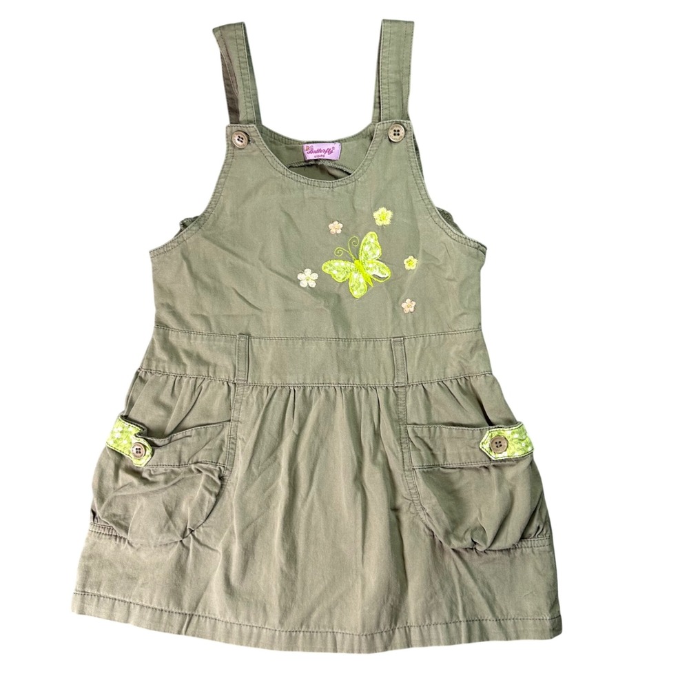 Butterfly Girls Olive Green Embroidered Jumper Dress Cargo Pockets Size 4 Years